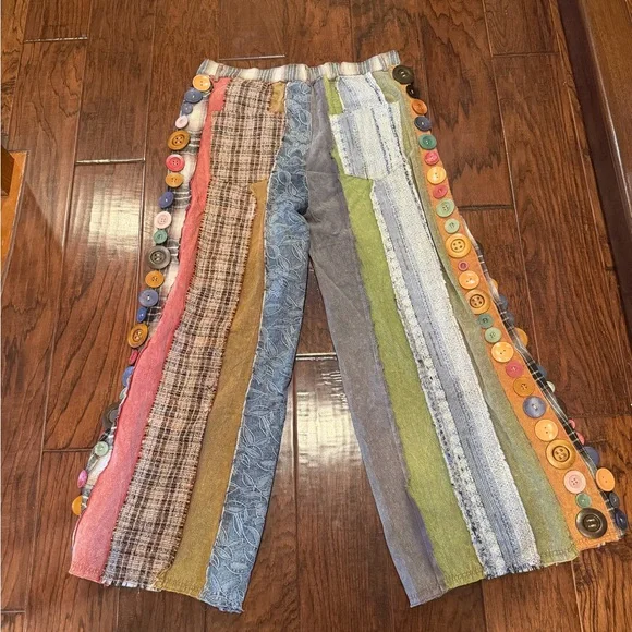 Custom Boho Patchwork Wide-Leg Pants with Button Trim - Picture 5 of 9